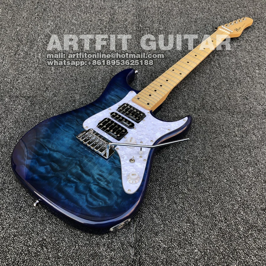 Lake Blue Quilted Maple Top Wilkinson Pickups Tremolo Bridge Coil Split M6 Locking Tuners 6 String Clean Sound Stratocaster Electric Guitar  (4)