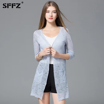

SFFZ 2019 New Women Knitted Sweaters with Pockets Open Stitch Fashion Long Cardigans Sweater V-Neck Thin Comfortable Loose Coat