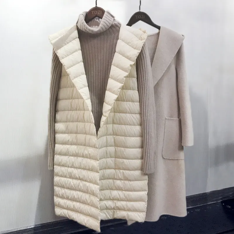 

Autumn Winter Women Sleeveless Long Down Jacket Hooded Ultra Light White Duck Down Vest Coat Lady Slim Waistcoat Outwear SF1065