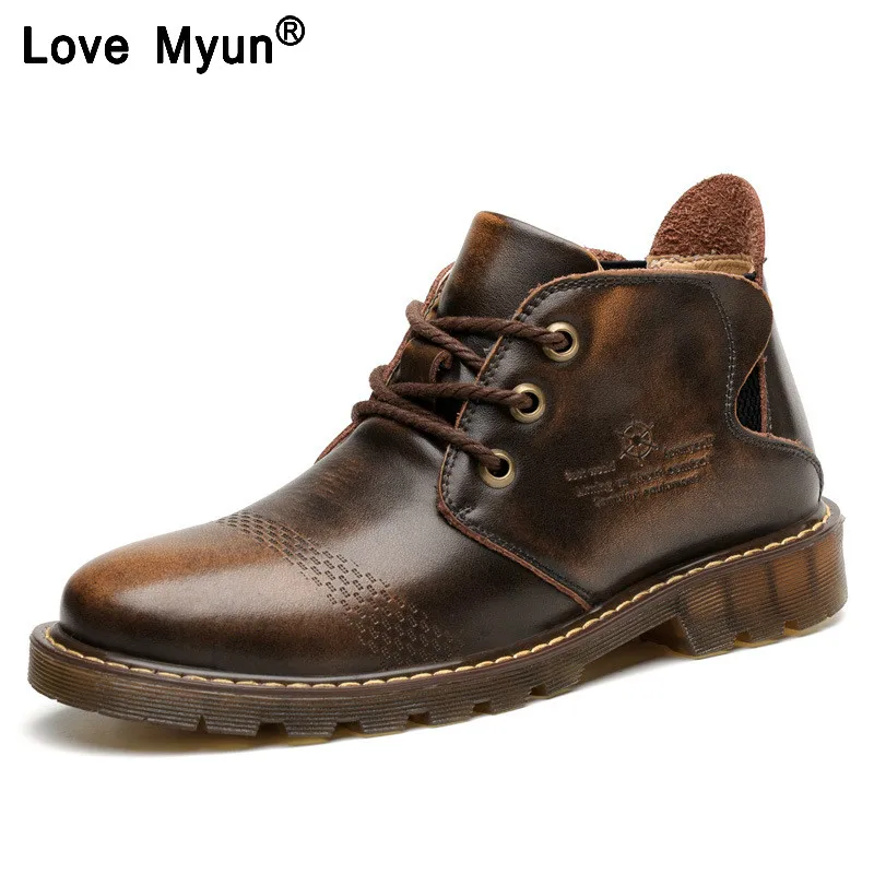 

Men's Boots Casual Martin Genuine Leather Boots Brown/Red Ankle Lace-up With Fur Autumn/Winter warm Men shoes 587