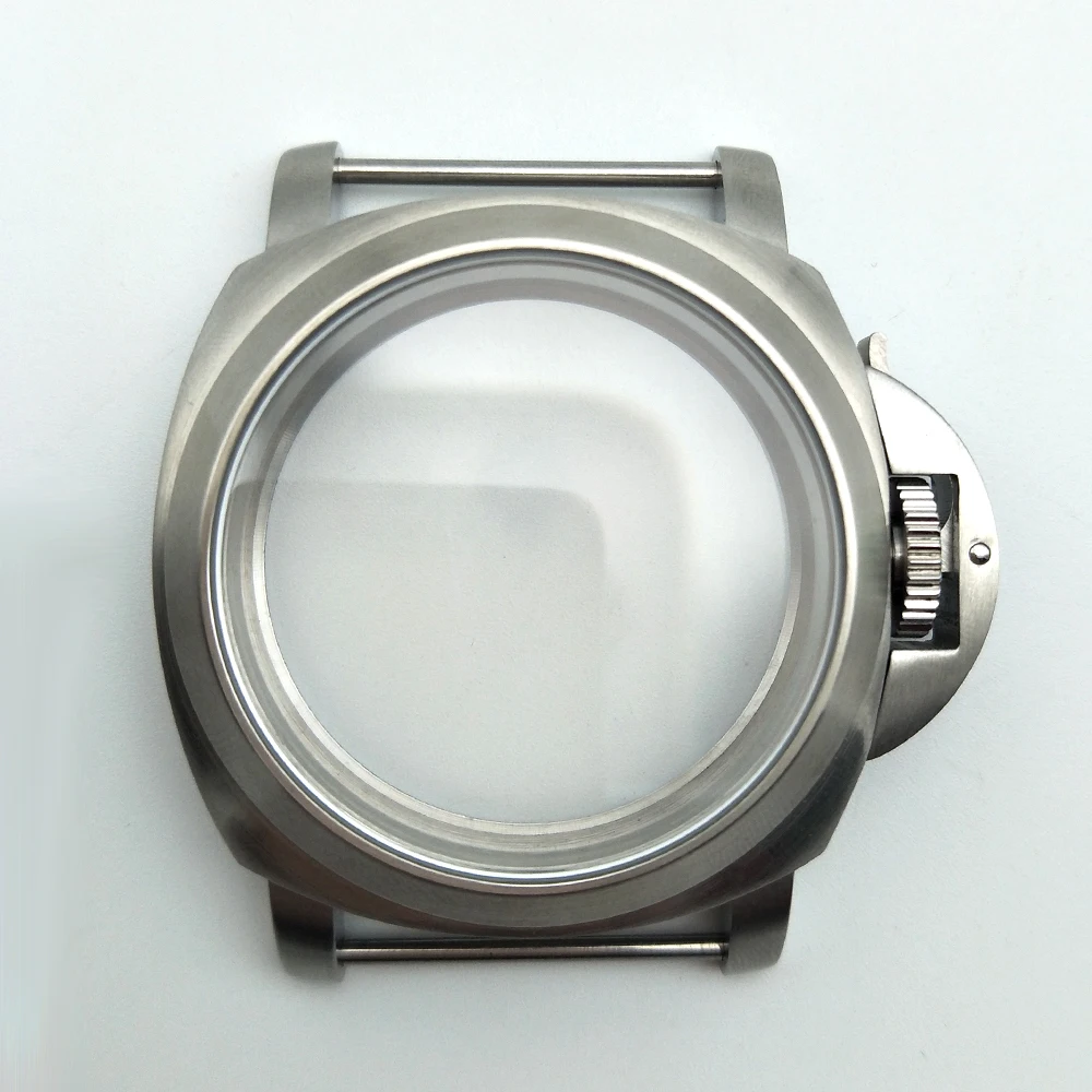 

44mm PARNIS Watch Cases silver brushed 316L housing for 6649/6498 movement back cover perspective 44-2
