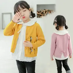 Розовый желтый детские Модная одежда для девочек цветочный дна свитер Дети милые вышитые внешний кардиган пальто трикотаж