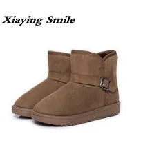Xiaying Smile Winter Woman Snow Boots Ankle Boots Buckle Strap Solid Platform Slip On Women Flats Casual Flock Fur Women Shoes