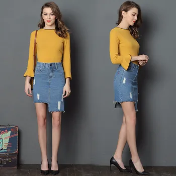 

Women Sexy Wash Denim Skirt European Style Fashion Streetwear Ripped Holes Irregular Skirt with Pockets Female Retro Skirts