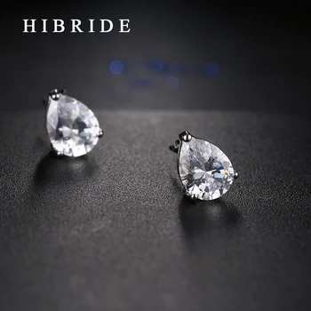 HIBRIDE New Water Drop Clear Cubic Zirconia Stud Earring Elegant Rhodium Plated Women Earrings E-86