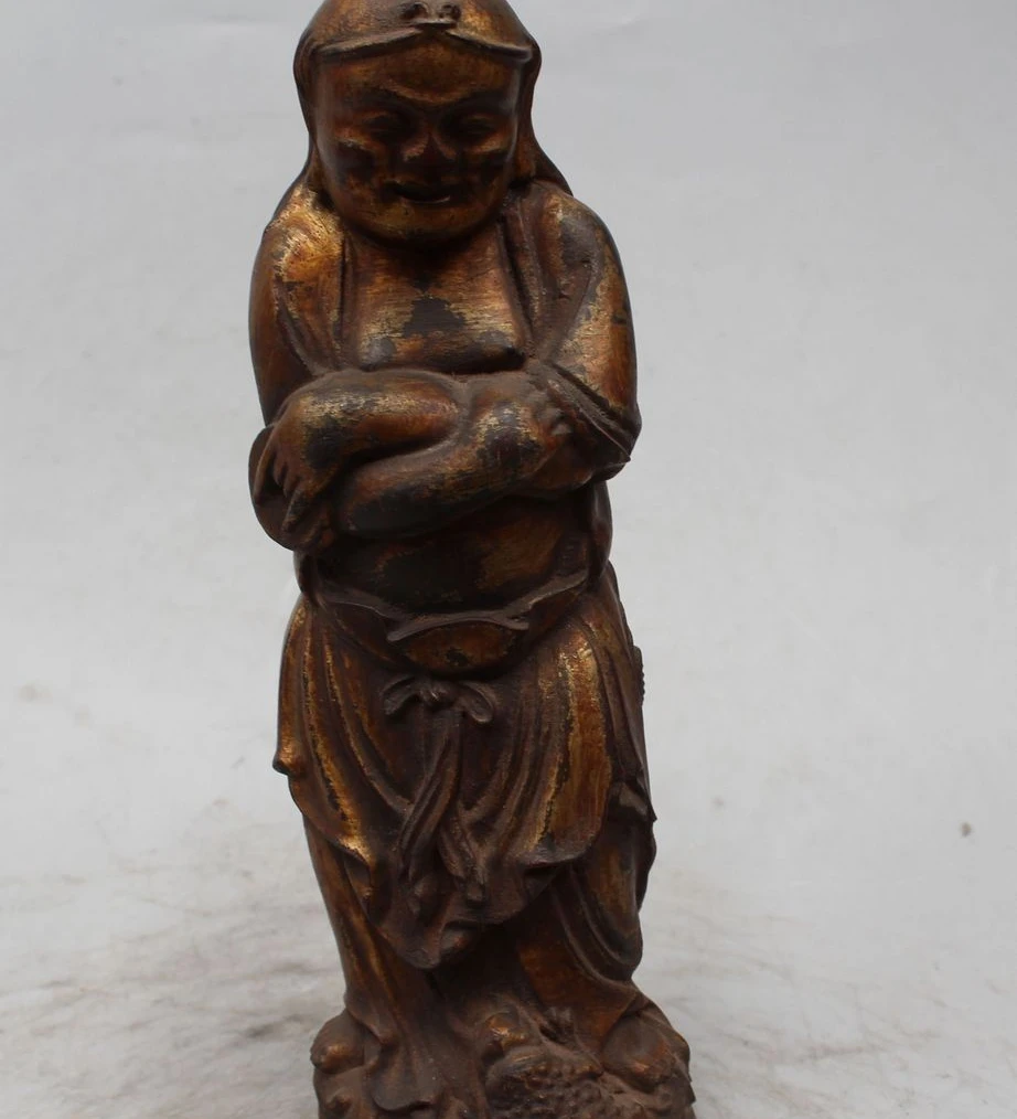 

11" Chinese Wood carve Liu Hai God Play Golden Toad Spittor Wealth Statue Sculpt