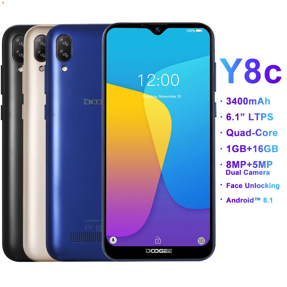 

DOOGEE Y8C Android 8.1 Smartphone 6.1 inch 19:9 Waterdrop MTK6580 1GB 16GB 3400mAh Dual SIM 8MP 5MP Face Unlocked WCDMA Phone