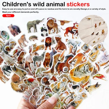 

6 Sheets Waterproof Reuseable Lion Dinosaur Sticker Wild Safari Scrapbooking Bubble Puffy Stickers Wildlife 3D Stickers