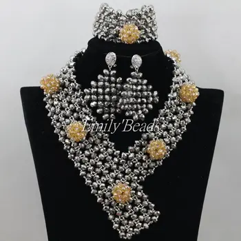 

2015 Amazing Nigerian African Wedding Beads Jewelry Set Champagne Gold Crystal Bridal Necklace Set Free Shipping AIJ341