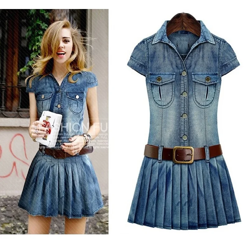 Женское джинсовое платье с отложным воротником и поясом размеры до 5XL|clothing tube|dress