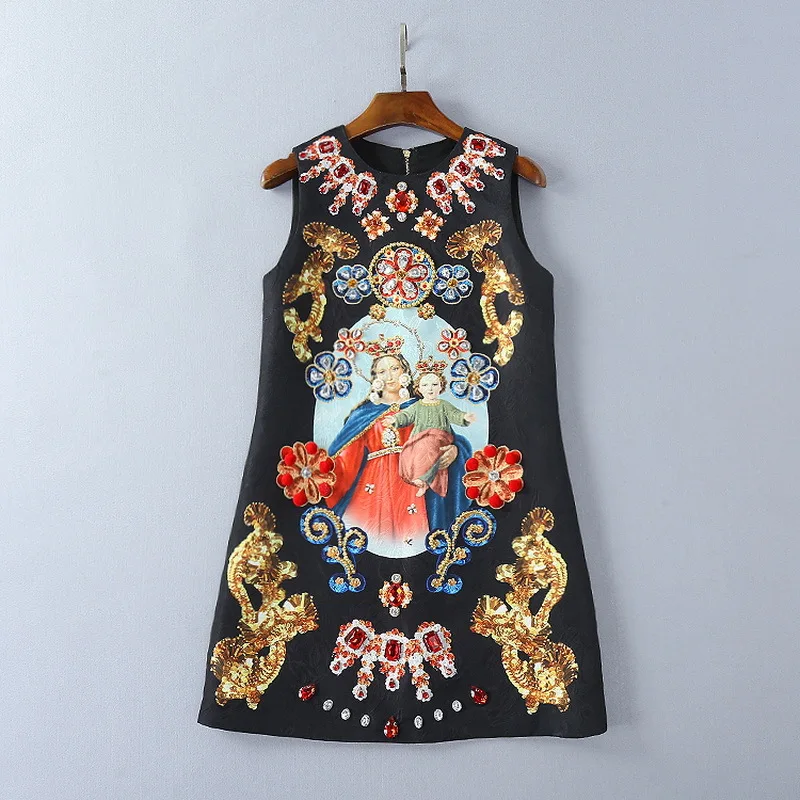 

New Designer Women Vintage Dress Embossed Cartoon Printed Diamond Beading 2018 Summer Female Crystal Vestido Elegant Party Dress