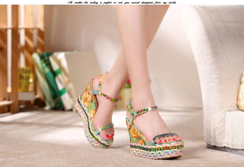 19_2016 Summer New Fashion Rhinestone High Heel Open Toe Sandals Casual Bohemian Wedge Elegant Shoes For Ladies High Quality