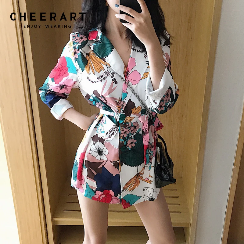 Цветочный пиджак Cheerart для женщин осень 2018 Модный повседневный с принтом на