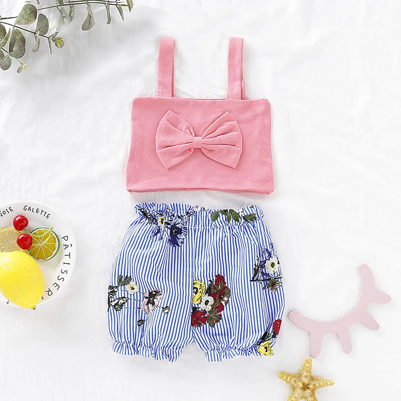 

Fashion Kid Clothes Summer Baby Girls Clothes Strap Bowknot Tops T-shirt Striped Floral Pattern Shorts Suits Casual Costume Set