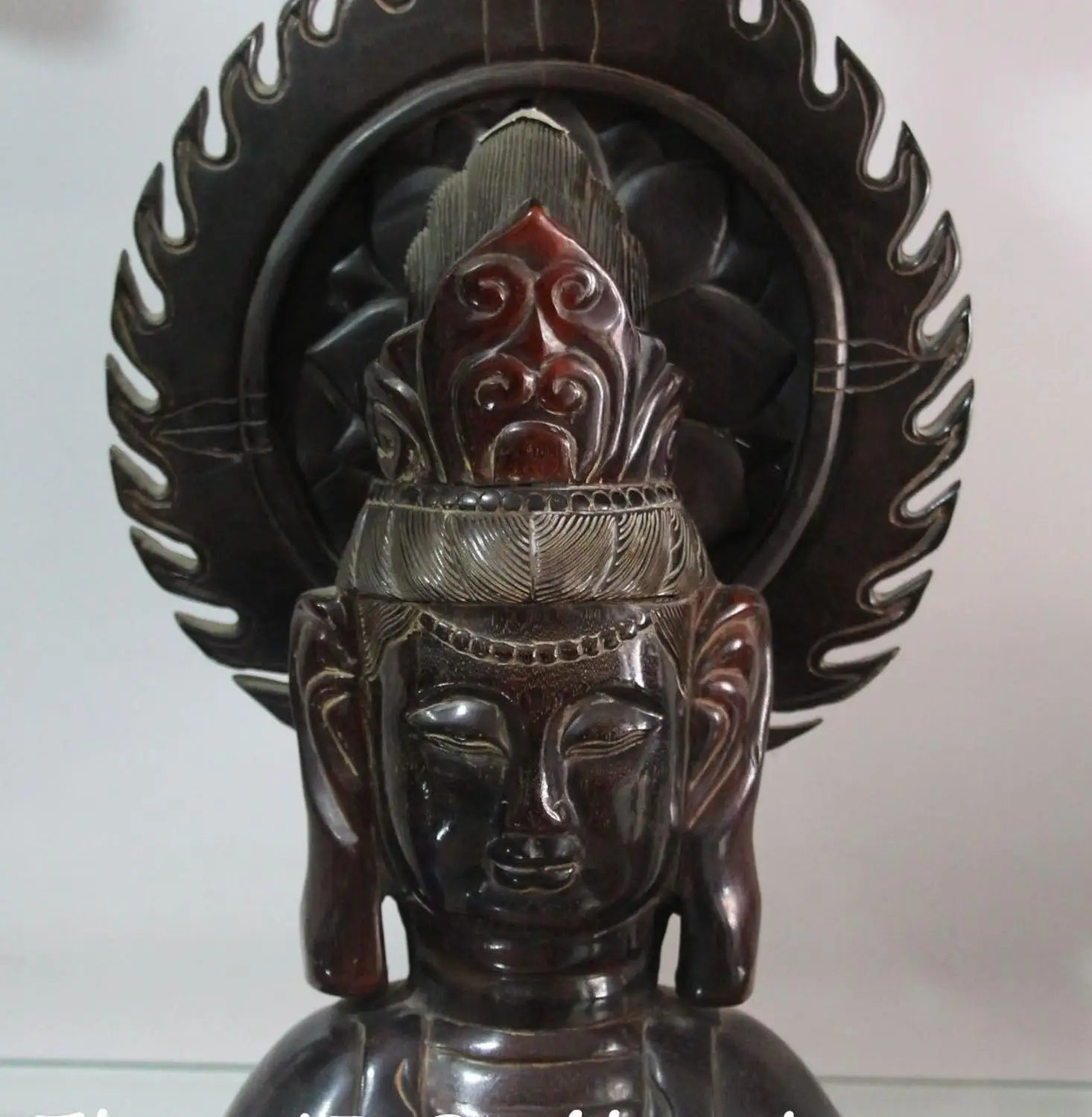 

11" Rarity China Ox Horn Kwan-yin Guan Yin Bodhisattva Goddess Head Bust Statue