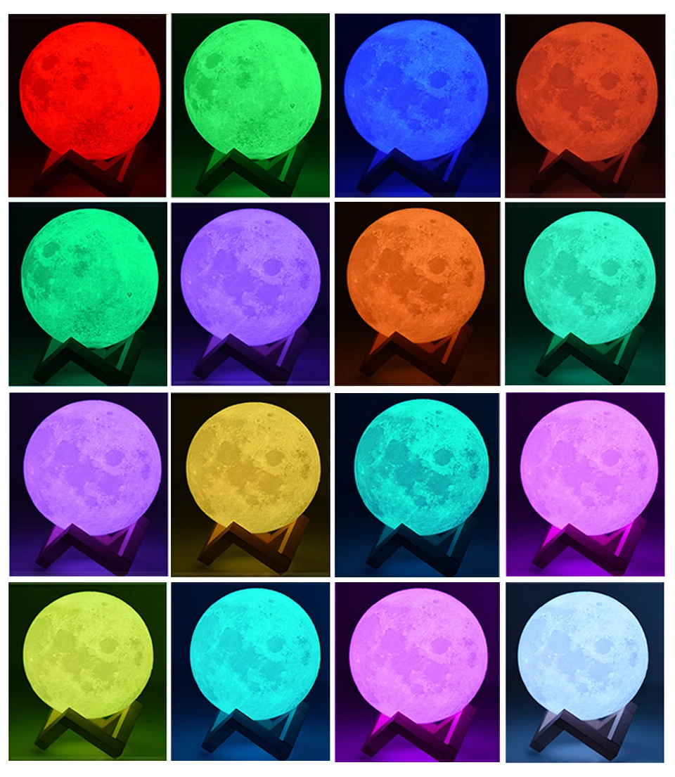 Vacamm LED 3D печать Луны лампы в ночник 16 изменение цвета сенсорный выключатель/Аккумуляторная 8/10/ 12/15/18/20 см 6 размеров ночники