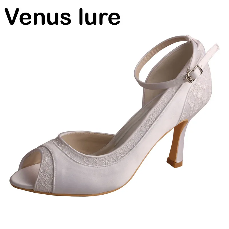 

Venus lure Custom Handmade Women Ankle Strap Open Toe Lace Wedding Shoes for Bride White