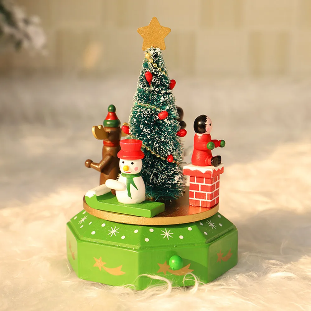 

New Wooden Music Box Carousel Christmas Tree Decorative Music Box Desktop Table Ornament Christmas Gift For Children A724