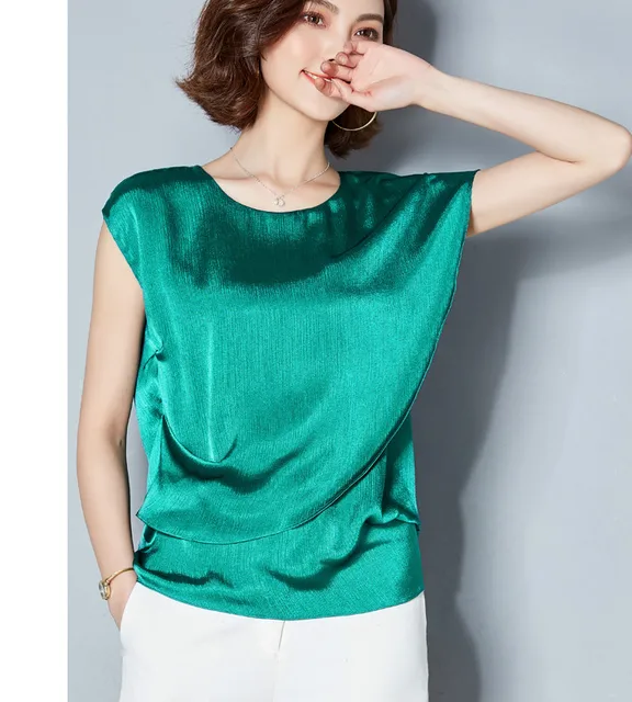 2018 Short Sleeve Ruffles Sleeve Green Satin Blouses Women Plus Size