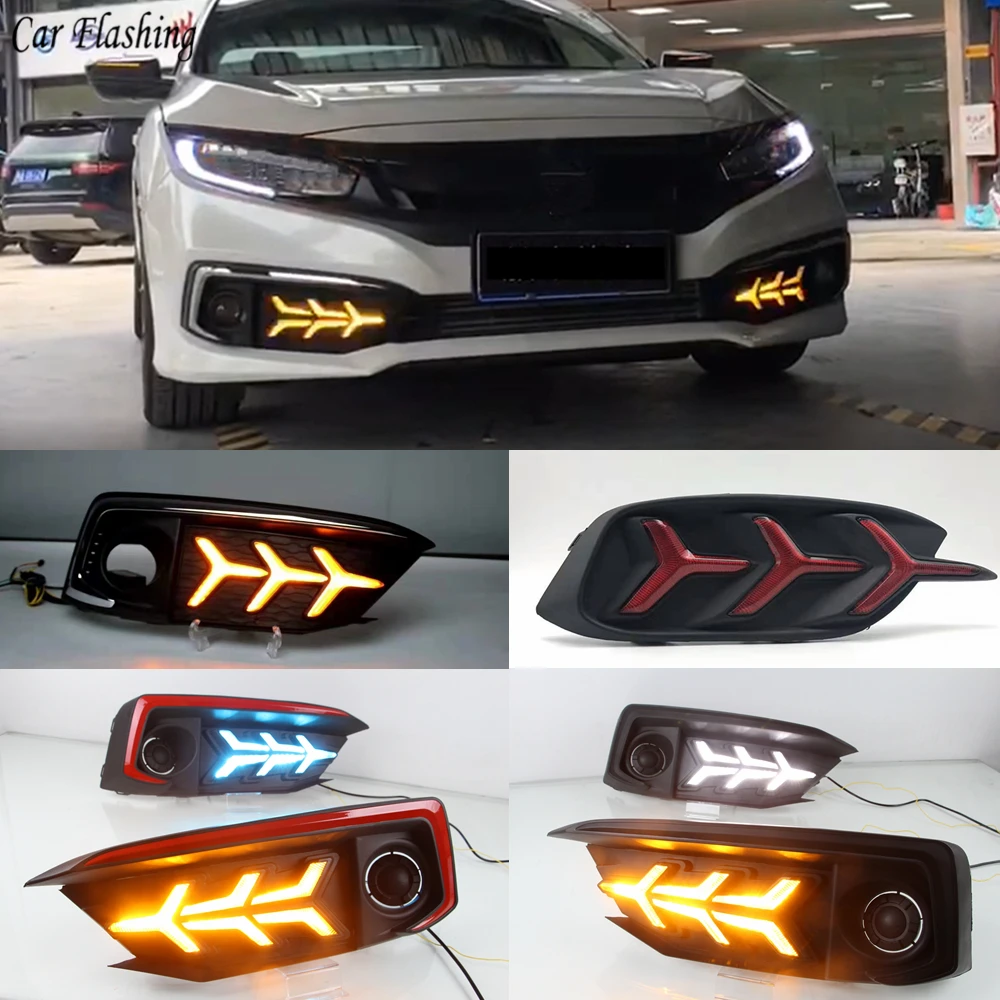 

2PCS LED DRL for Honda Civic 2019 2020 sedan with moving signal led fog lamp cover daytime running light with Fog Lamp hole
