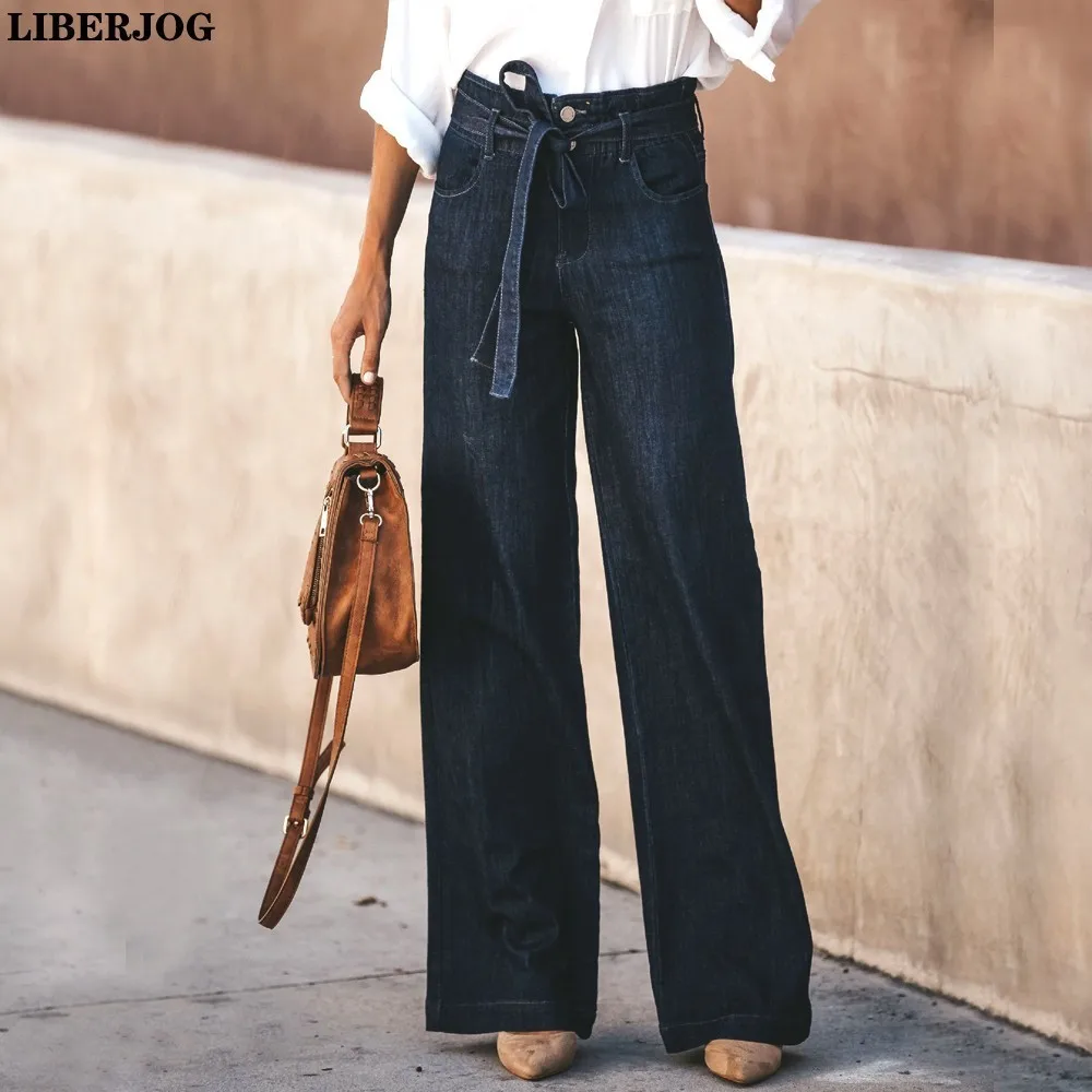 

LIBERJOG Women Jeans Casual Loose Wide Leg Denim Pants Dark Blue Cotton Sashes Female OL Jeans Ladies Top Quality Spring Autumn