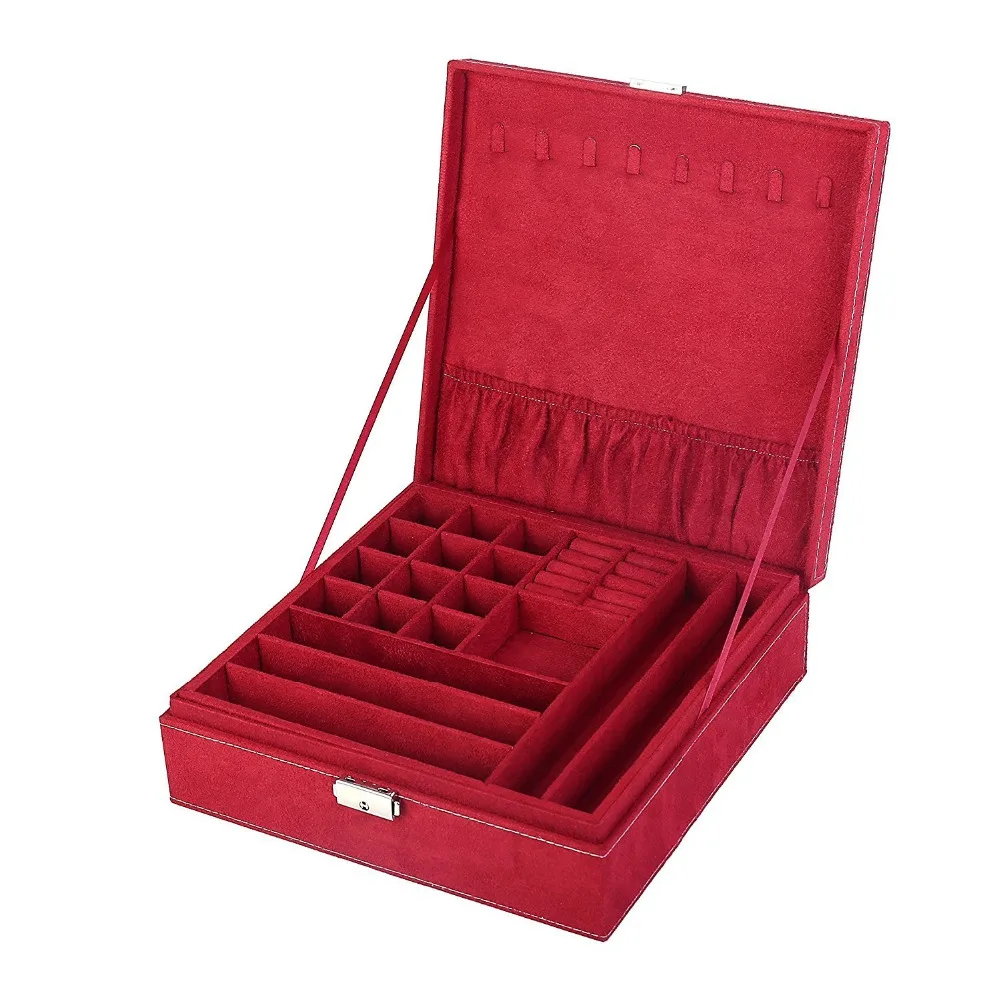 

Dark Red two-layer lint jewelry box organizer display storage case with lock