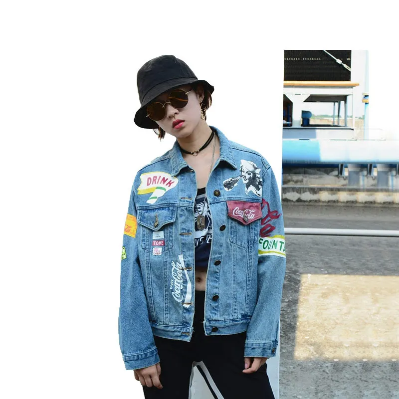 

2019 Spring Casual Harakuju Denim Jacket Women Marilyn Monroe Pattern BF Style Jean Jacket Coat