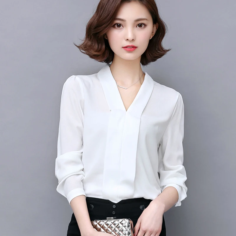 Autumn Korean Style Vogue Women Chiffon Blouses V-Neck Long Sleeve Off White Office Elegant Lady Tops Blusas Femininas Plus Size Blouses