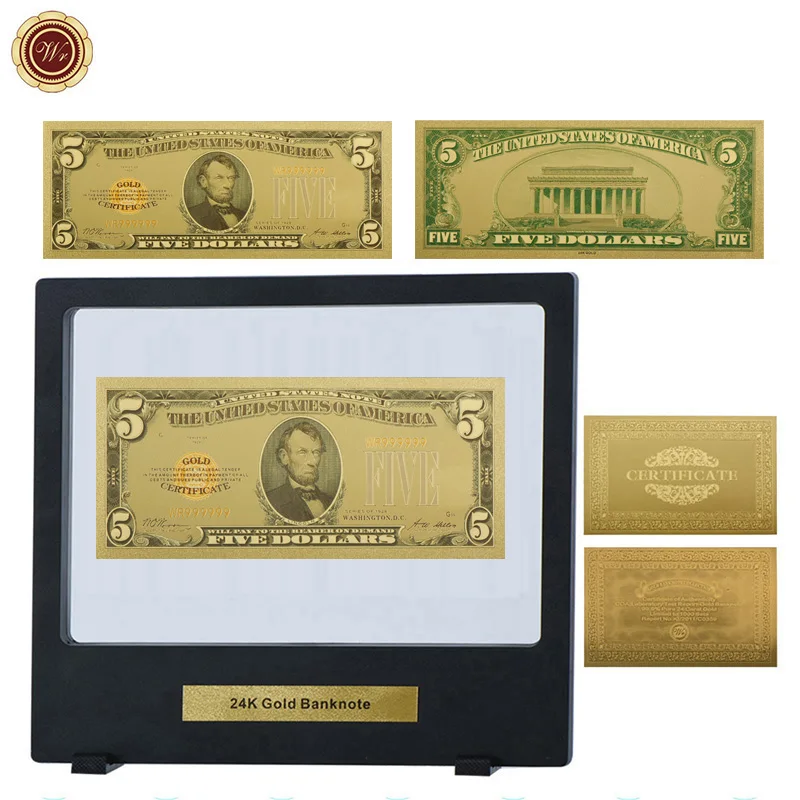 WR 5 Dollar 24k Коллекционная Золотая банкнота Usd фольга мировая бумага деньги