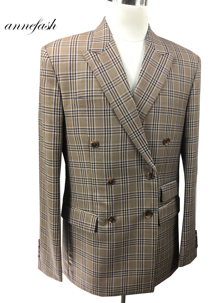Tailor-made high quality worsted 150's wool brown windowpane check Suit Men double breast reverse collar suit