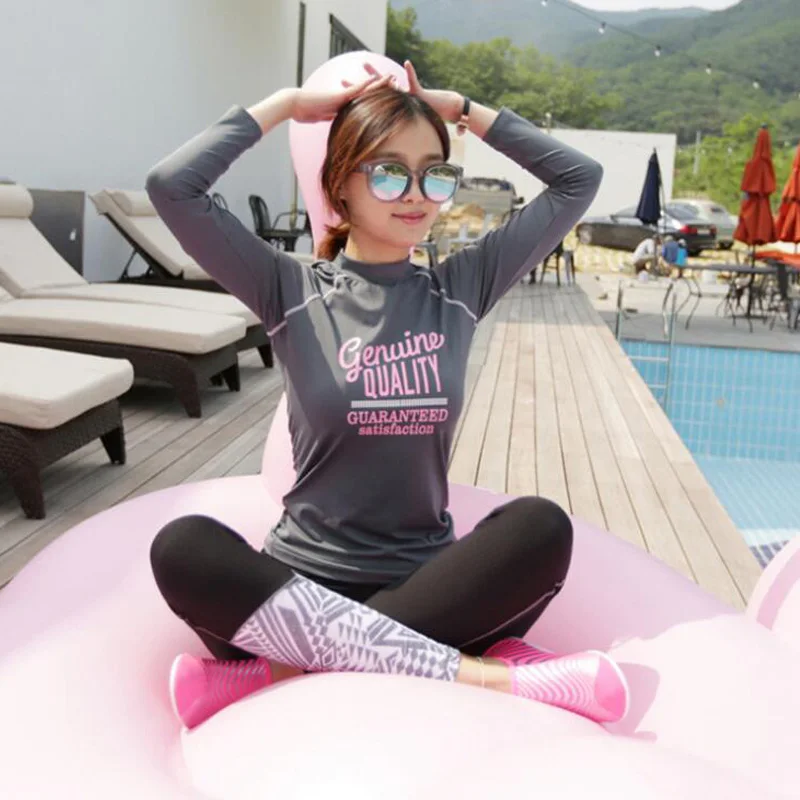 Jersqons 2019 طويل كم Rashguard النساء بدلة ركوب الأمواج طفح الحرس ملابس السباحة قطعتين الرياضة السراويل ملابس السباحة ركوب الأمواج الاستحمام