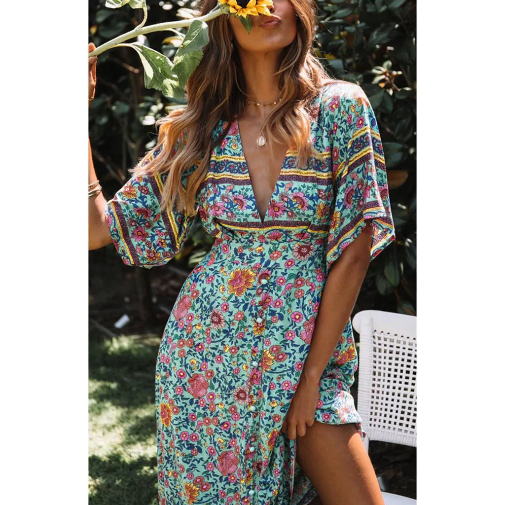 

2019 Hot Wrap Dress Women Ladies Fashion Summer V Neck Short Sleeve Long Formal Dress Bohemian Elegant Dress vestidos de mujer