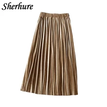 Винтажные женские плиссированные юбки золотые бархатные однотонные трапециевидные юбки эластичные юбки с высокой талией уличная Saia Faldas высокого качества