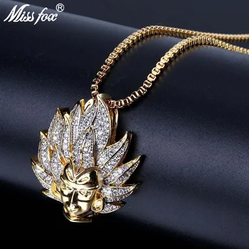 

MISSFOX Hip Hop Dragon Ball Super Saiyan Sun Wukong Headphoto Iced Out Hair 24K Gold Plated AAA Cubic Zirconia Pendant Necklace
