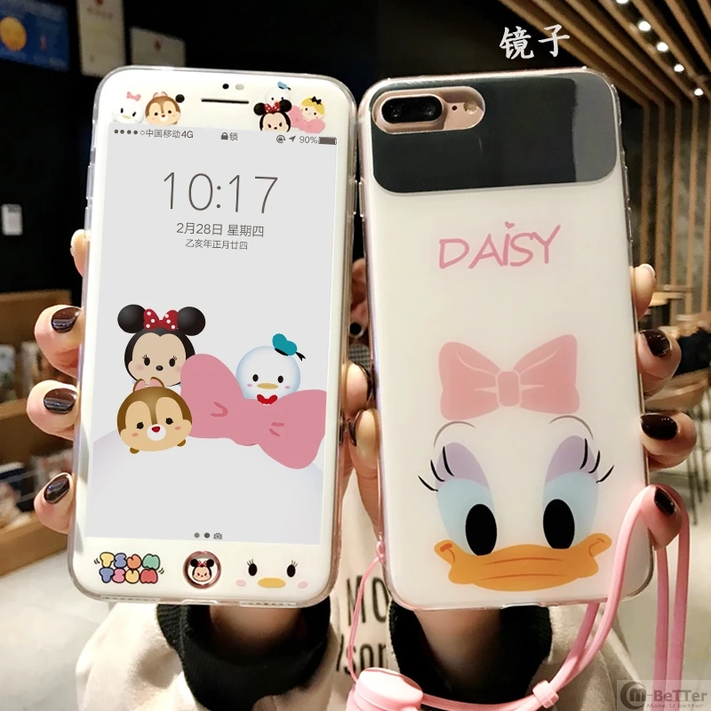 Donald Duck make-up mirror case for iPhone XS MAX hard cover 6 6s 7/8plus XR Daisy tempered glass screen protector strap sticker