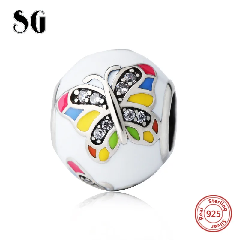 

SG lovely butterfly Beads 925 Sterling Silver Charms with colour enamel&CZ Fit Original European Charm Bracelet diy Jewelry gift