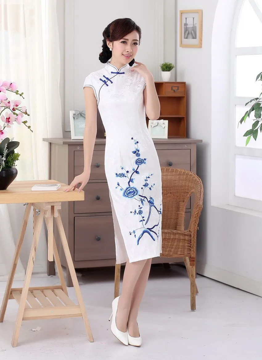 Шанхай история Топ-класс Длинные Цветочные Cheongsam Qipao платье Китайская традиционная одежда белый восточные платья для женщин