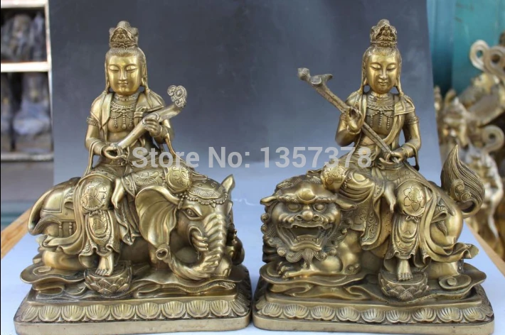 

shitou 00785 12" Tibet Buddhism Bronze Wenshu Manjushri Ride Lion Elephant Buddha Statue Pair
