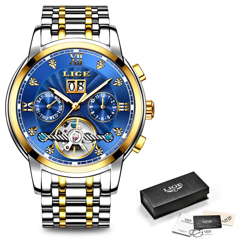 Gold blue S Бренд LIGE, Мужские автоматические механические часы с турбийоном, роскошные модные спортивные часы из нержавеющей стали, мужские часы, мужские часы - Цвет: Gold blue S