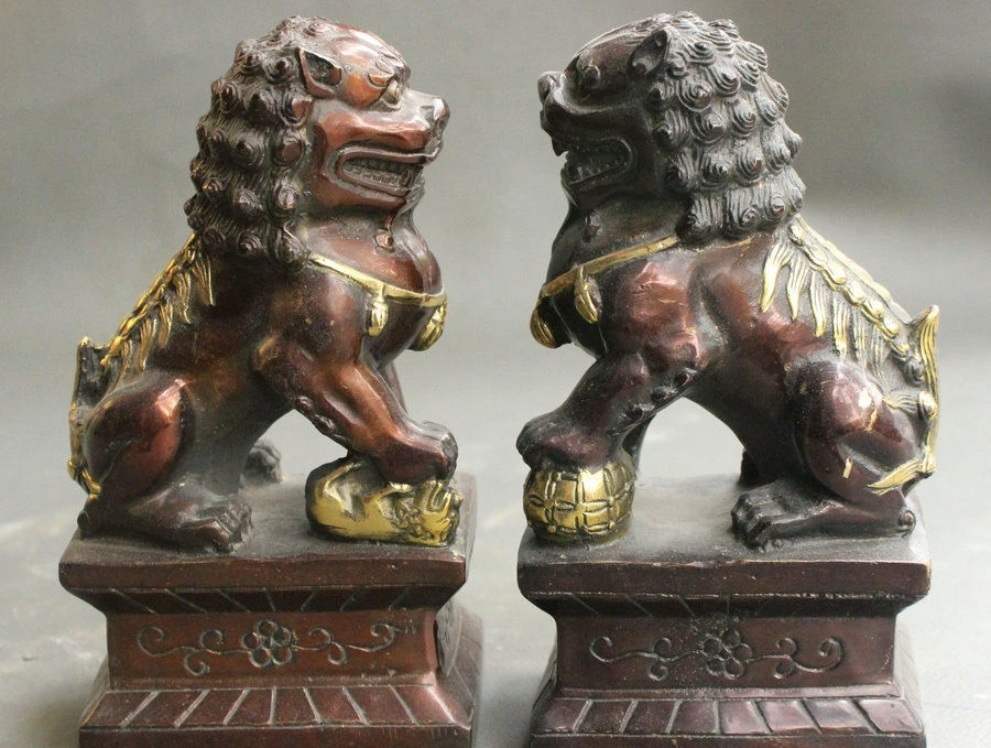 

6" Chinese FengShui Bronze Gilt Guard Door Lion Fu Foo Dog Ball Cub Pair Statue