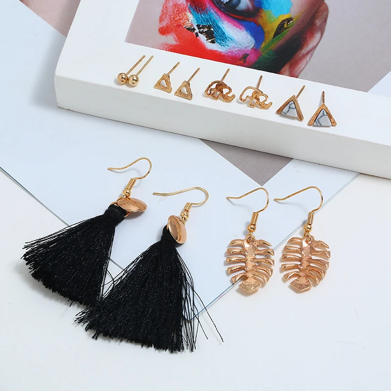 Bohopan 6PCS/Set New Arrival Bohemia Earrings Set Fashion Triangle Stud For Women Classic Tassel Ear Jewelry Trend 2019 | Украшения и