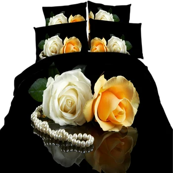 

yeeKin 3D HD Printed Flower Bedding Yellow/White Roses Pearl Necklace 3/4 Pieces Cotton 3D Bedding Sets Floral Duvet Cover Set