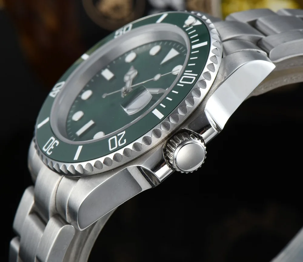 Часы 40 мм зеленый стерильный светящийся циферблат сапфир керамика со стразами Безель Дата автоматический механизм мужские часы G01