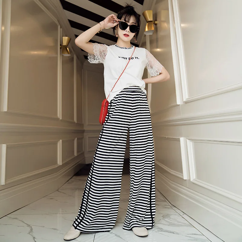 

Pants Set Summer Woman 2019 New Fashion White Letters T Shirt Top +Full Length Stripes Wide Leg Pants Suit Two Piece Set Female