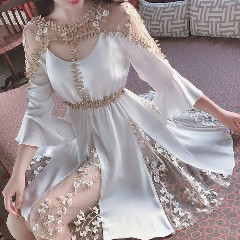

2019 Summer Luxluy Golden Flower Embroidery Mesh Patchwork Chiffon Dress Women Flare Sleeve High Waist Party A-Line Dress