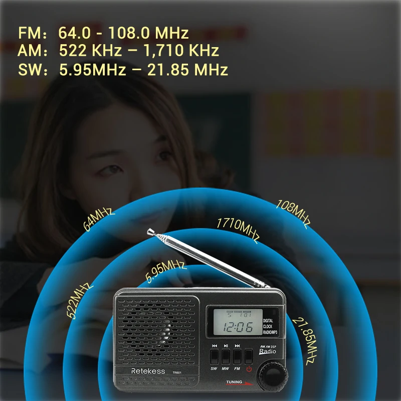 RETEKESS цифровые часы радио TR601 DSP FM AM SW радио приемник динамик с MP3-плеером Поддержка Micro SD карты и USB аудио вход