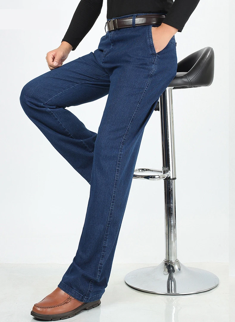 Летние тонкие джинсы для людей среднего возраста повседневные с высокой талией свободные длинные джинсовые брюки мужские однотонные деловые повседневные Прямые джинсы для мужчин