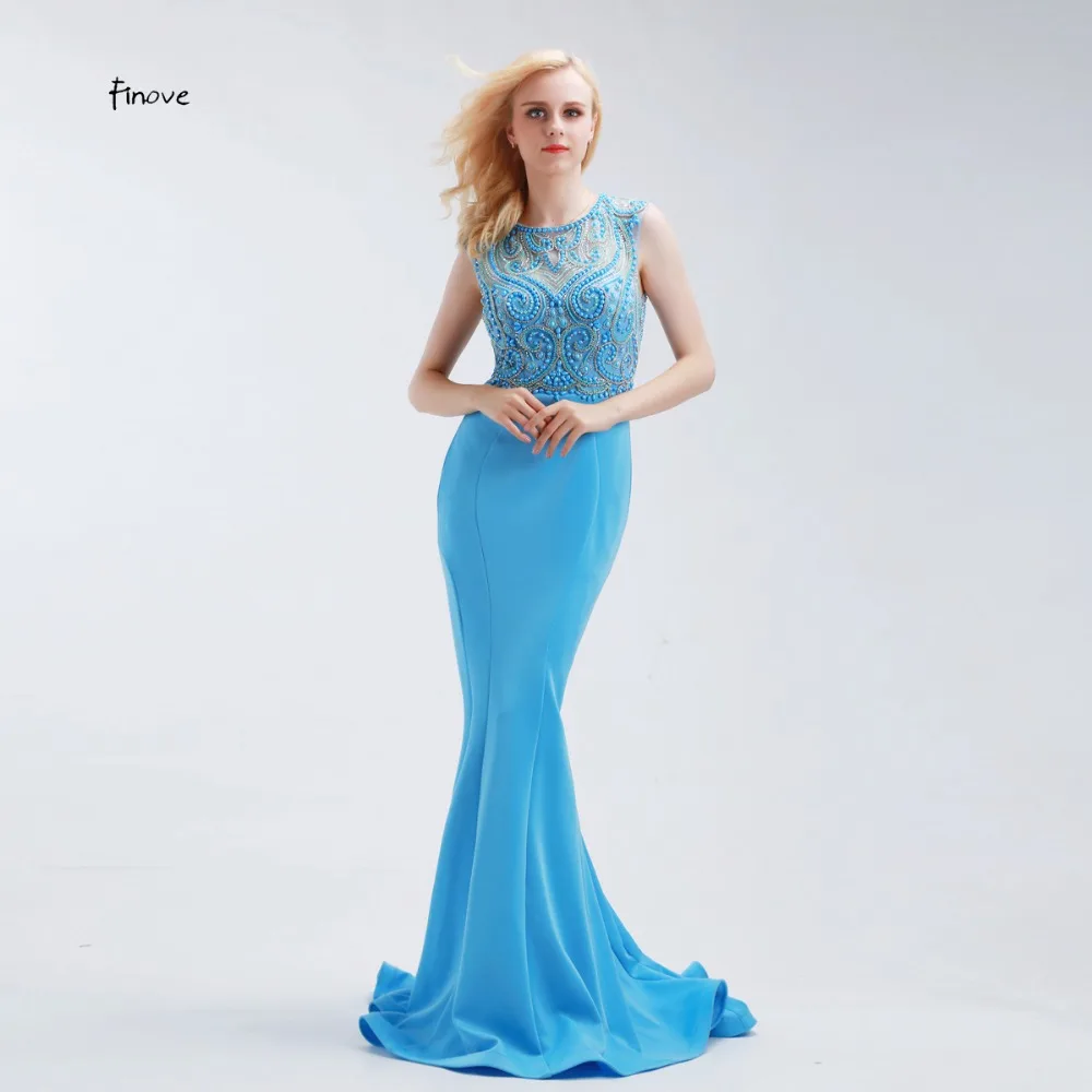 Women Long Mermaid Prom Dresses 2017 Backless Robe de Soiree Crystal Beaded Sleeveless Elegant Long Evening Dresses Fuchsia Blue