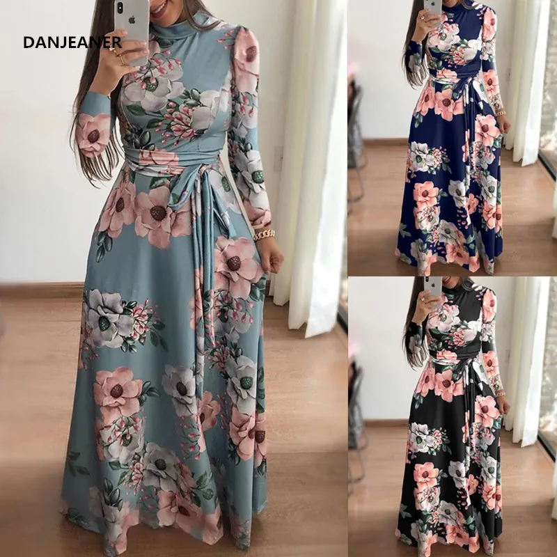 

Danjeaner New Style Women Long Sleeve Flower Printed Long Dress Spring Turtleneck Plus Size Maxi Dress with Sashes Elegant