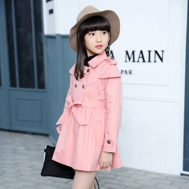 Ветровка для девочек от 5 до 13 лет, детское длинное пальто двубортный модный брендовый Тренч с бантом Классический подол - Цвет: pink